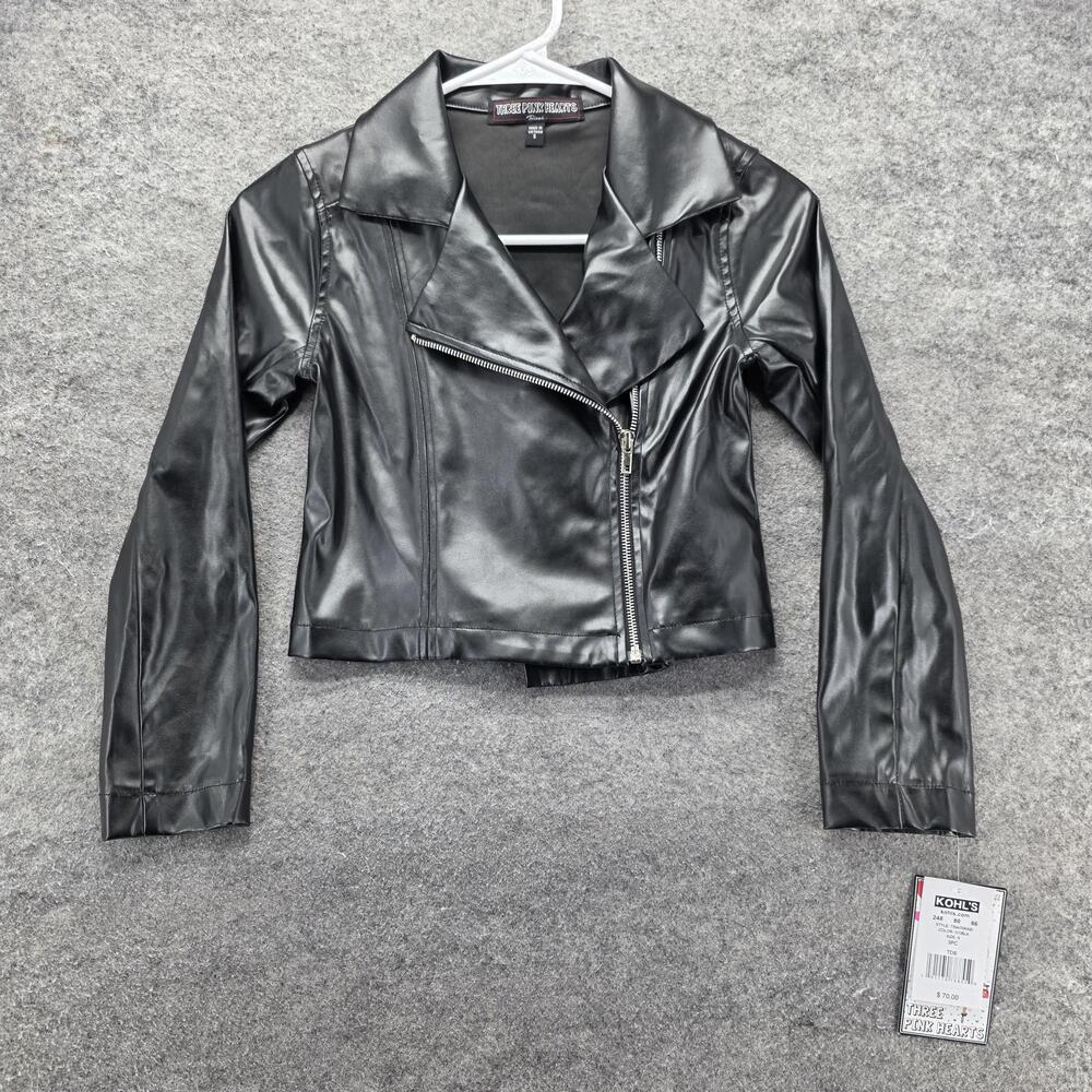Three Pink Hearts Jacket Teens S Black Biker Collared Full Zip Lined Slim